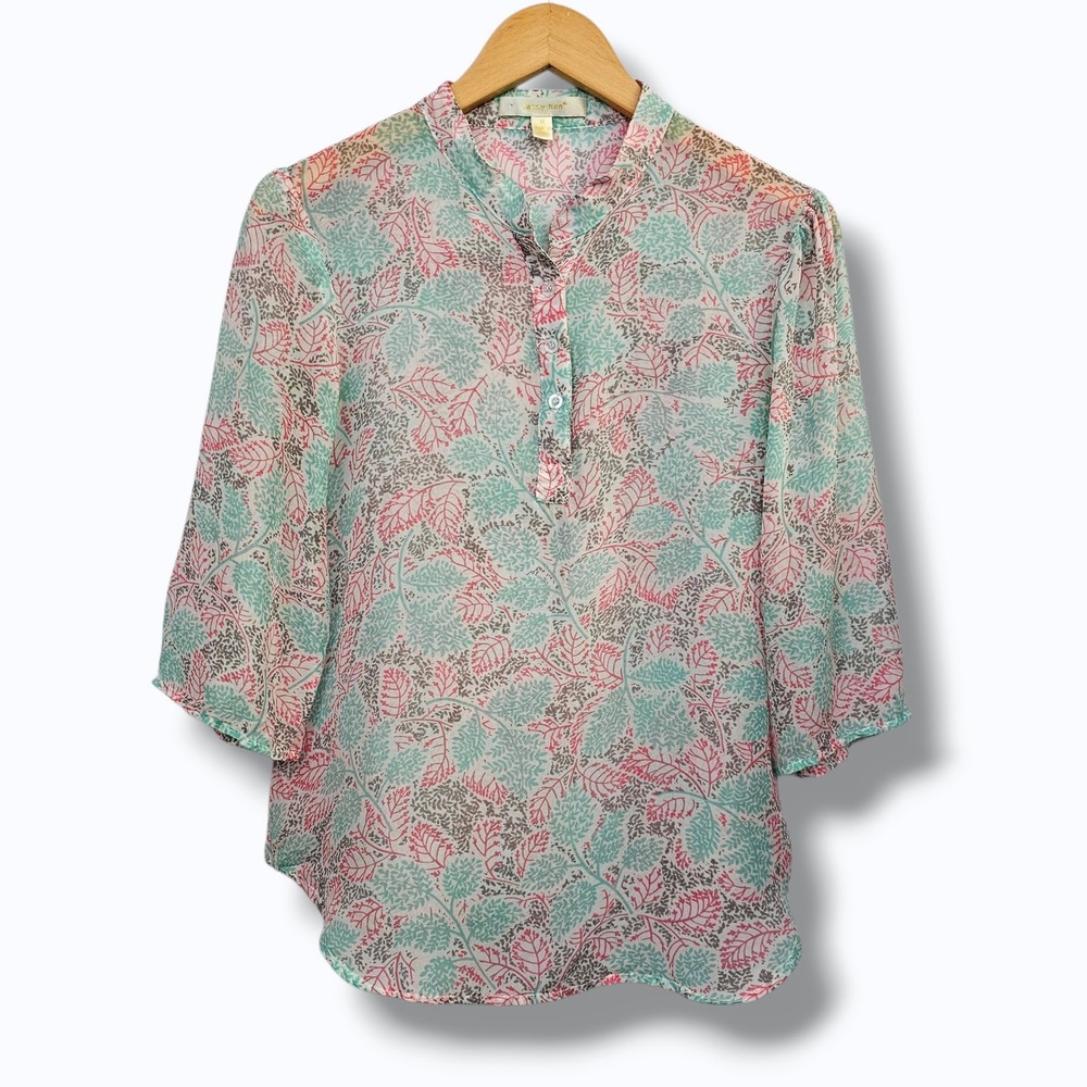 Anthropologie Jenny Han 100% Silk Top M Womens Teal Pink Leaf Mandarin Collar